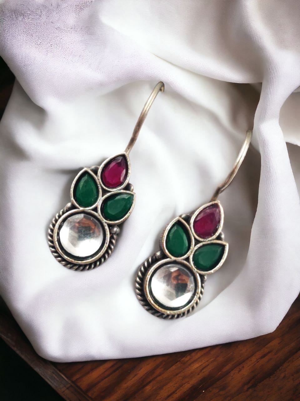 SILVER LOOK ALIKE EARRINGS WITH COLOURED STONES -ADHIRA