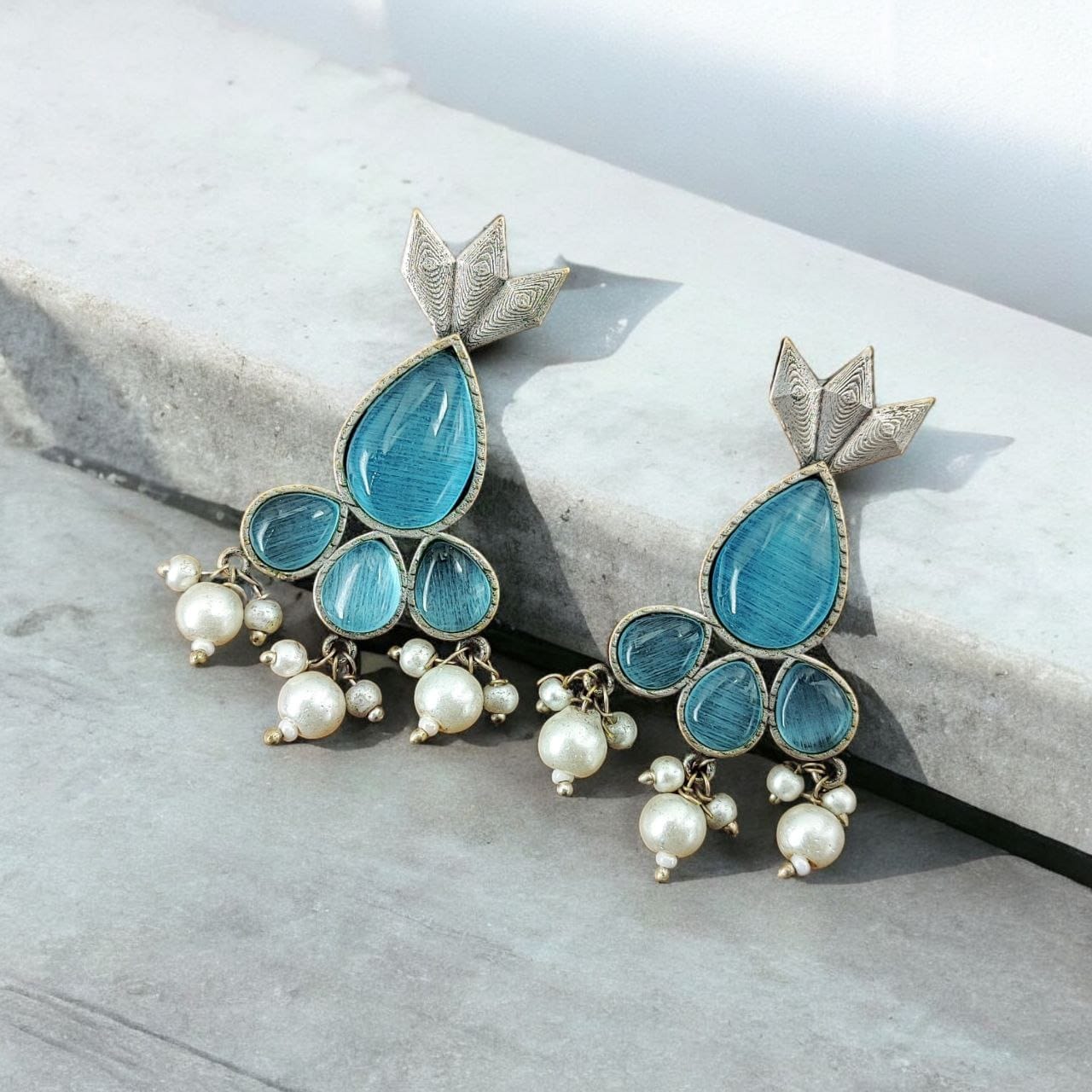 SILVER LOOK ALIKE EARRINGS WITH COLOURED STONES -ALYA
