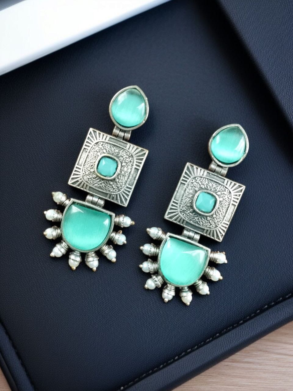 SILVER LOOK ALIKE EARRINGS WITH COLOURED STONES -AMALA