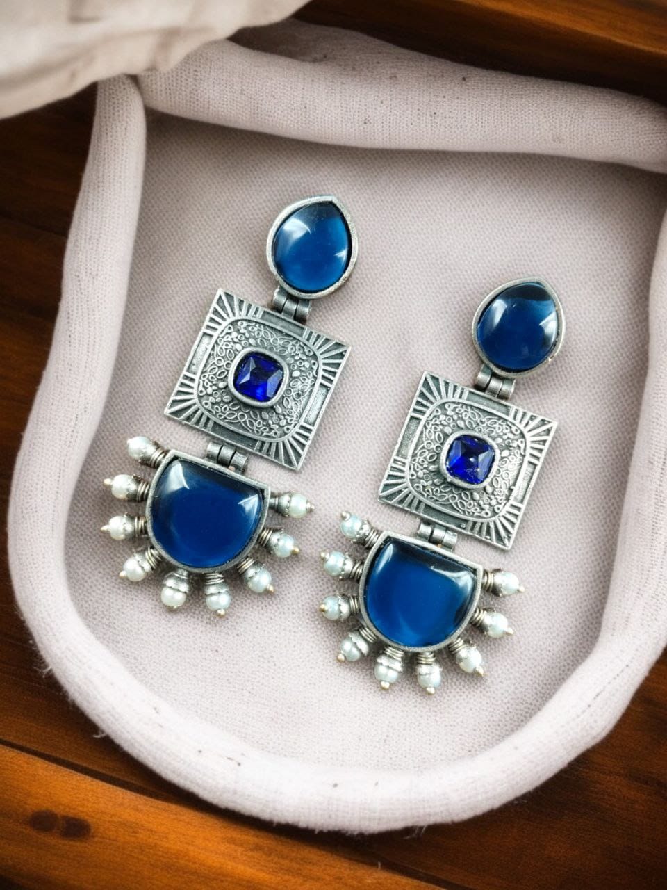 SILVER LOOK ALIKE EARRINGS WITH COLOURED STONES -AMALA