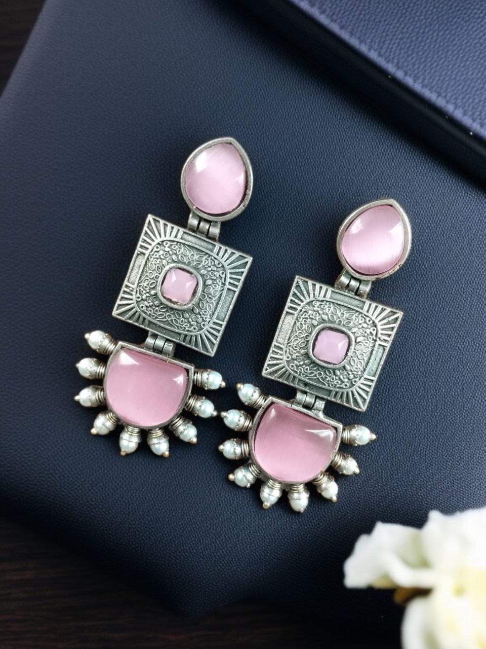 SILVER LOOK ALIKE EARRINGS WITH COLOURED STONES -AMALA