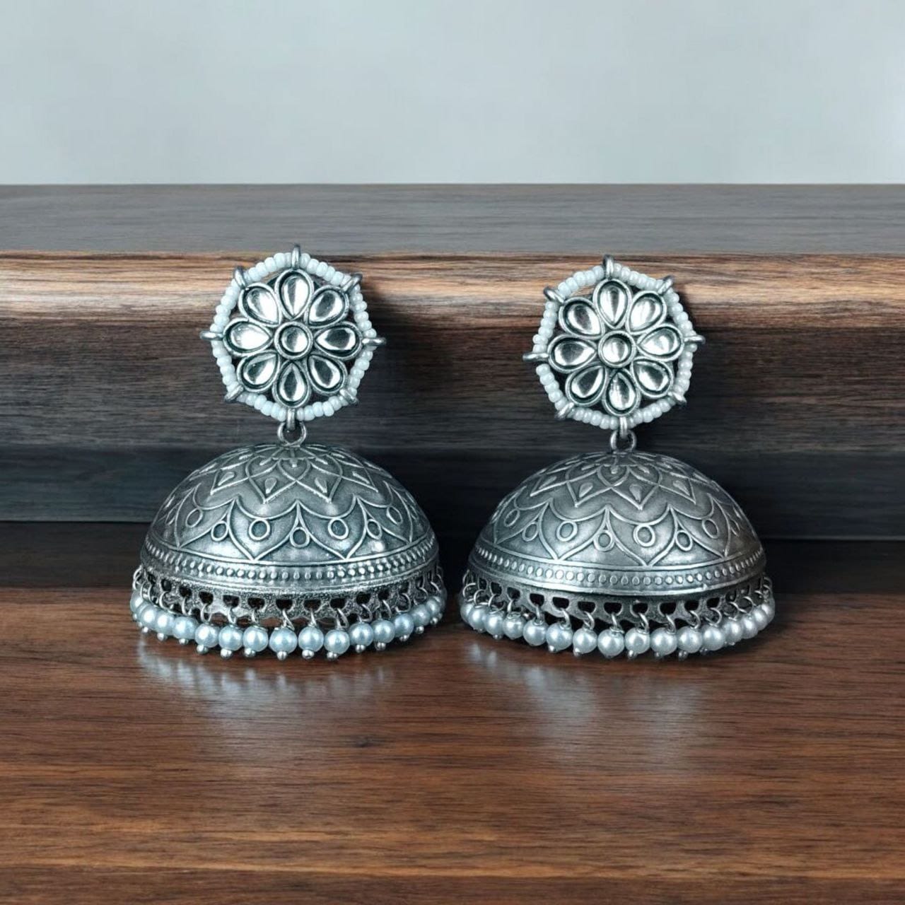SILVER LOOK ALIKE EARRINGS WITH COLOURED STONES -BHARATI