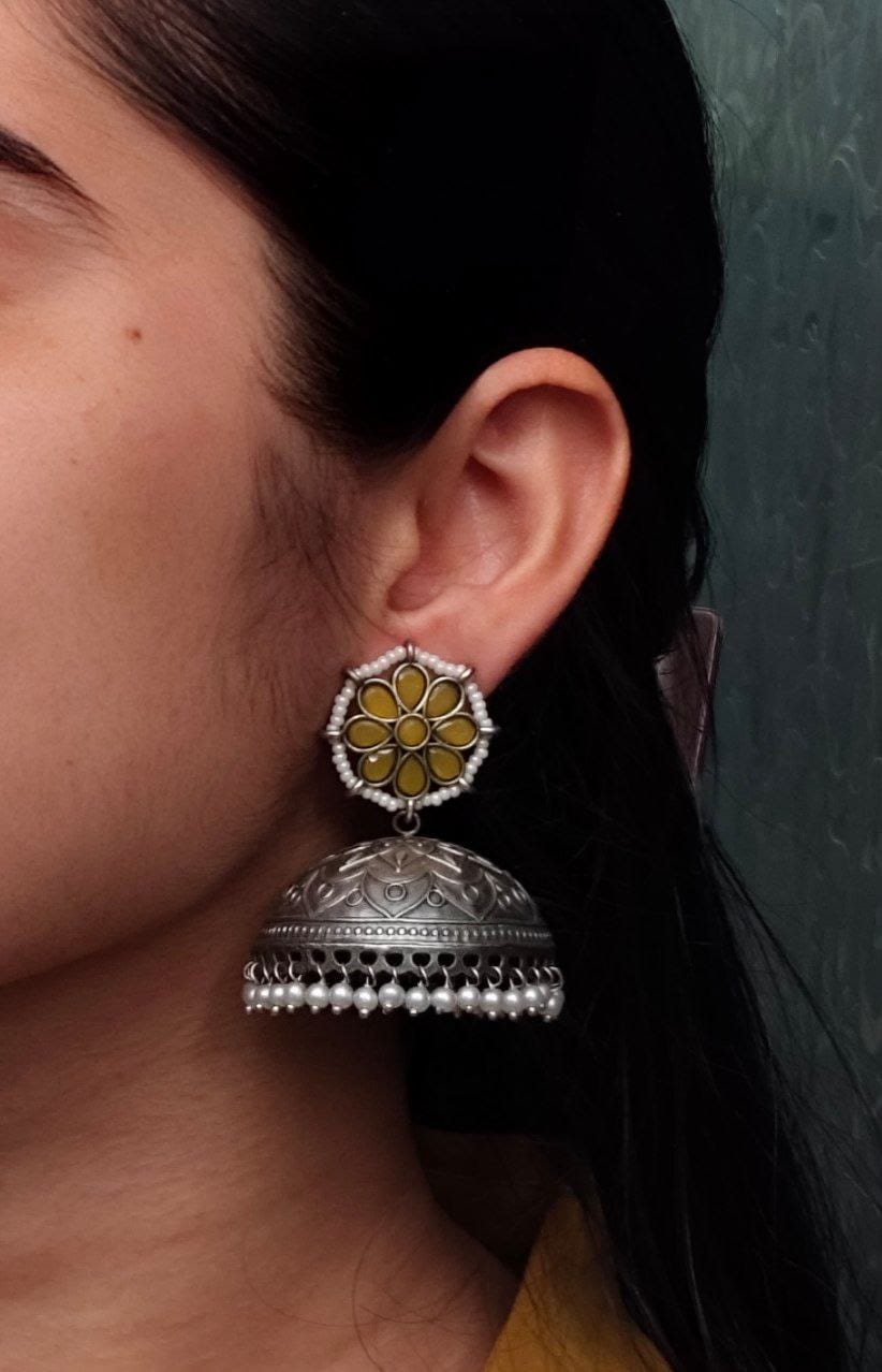 SILVER LOOK ALIKE EARRINGS WITH COLOURED STONES -BHARATI
