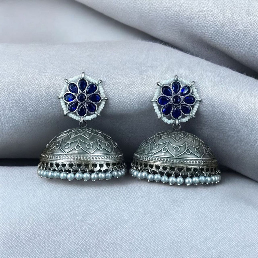 SILVER LOOK ALIKE EARRINGS WITH COLOURED STONES -BHARATI