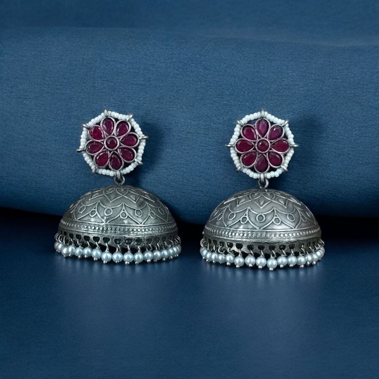 SILVER LOOK ALIKE EARRINGS WITH COLOURED STONES -BHARATI