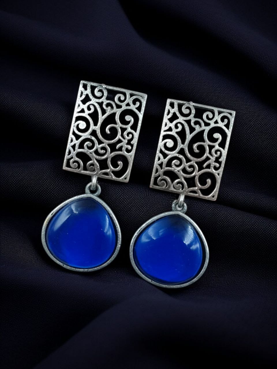 SILVER LOOK ALIKE EARRINGS WITH COLOURED STONES -BINDU