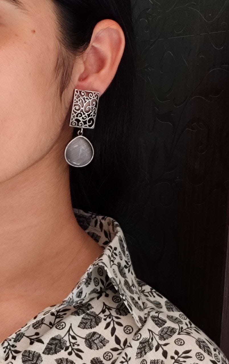 SILVER LOOK ALIKE EARRINGS WITH COLOURED STONES -BINDU
