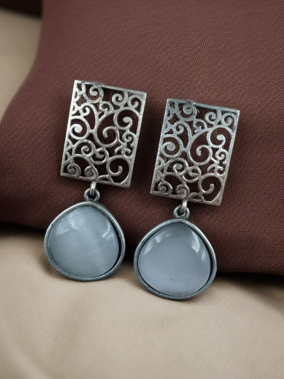 SILVER LOOK ALIKE EARRINGS WITH COLOURED STONES -BINDU