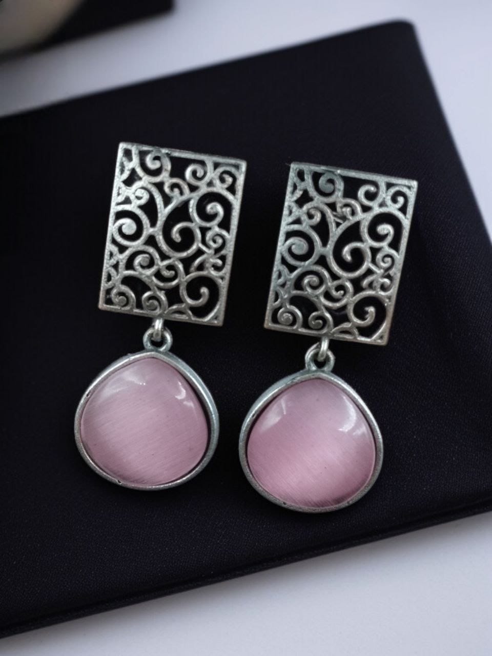 SILVER LOOK ALIKE EARRINGS WITH COLOURED STONES -BINDU