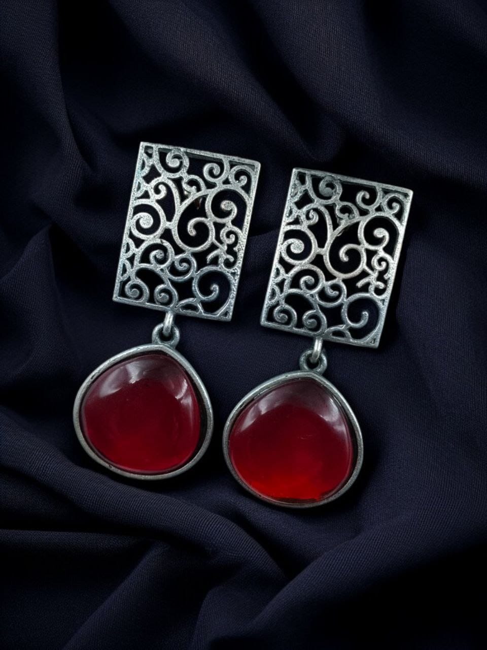 SILVER LOOK ALIKE EARRINGS WITH COLOURED STONES -BINDU