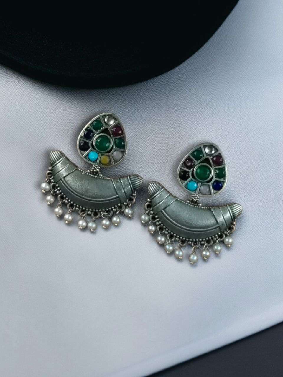 SILVER LOOK ALIKE EARRINGS WITH COLOURED STONES -CHANDA