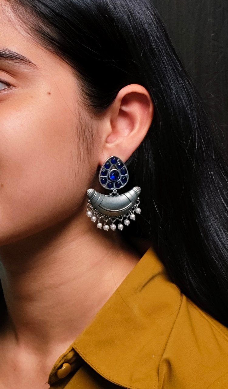 SILVER LOOK ALIKE EARRINGS WITH COLOURED STONES -CHANDA
