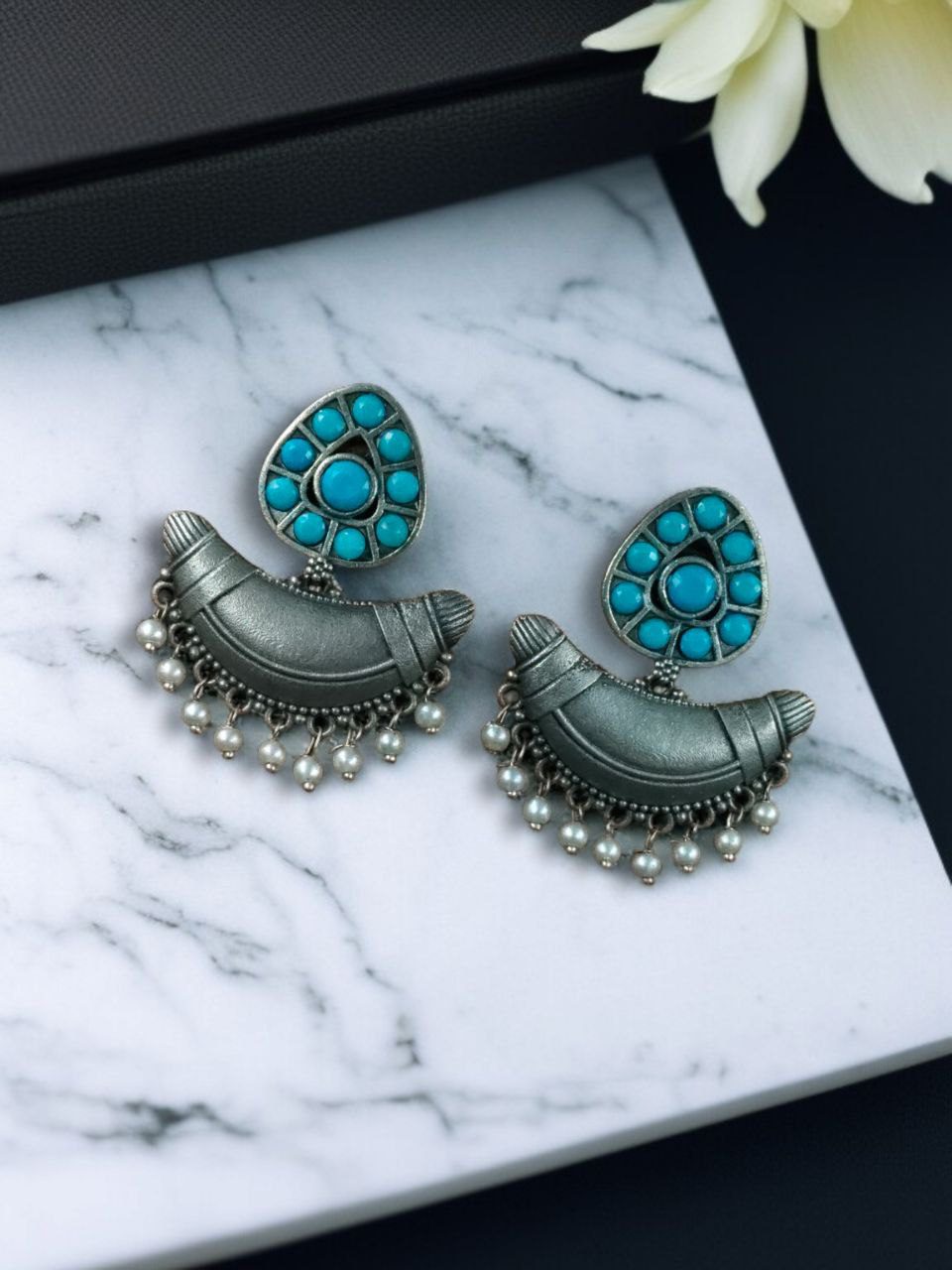 SILVER LOOK ALIKE EARRINGS WITH COLOURED STONES -CHANDA