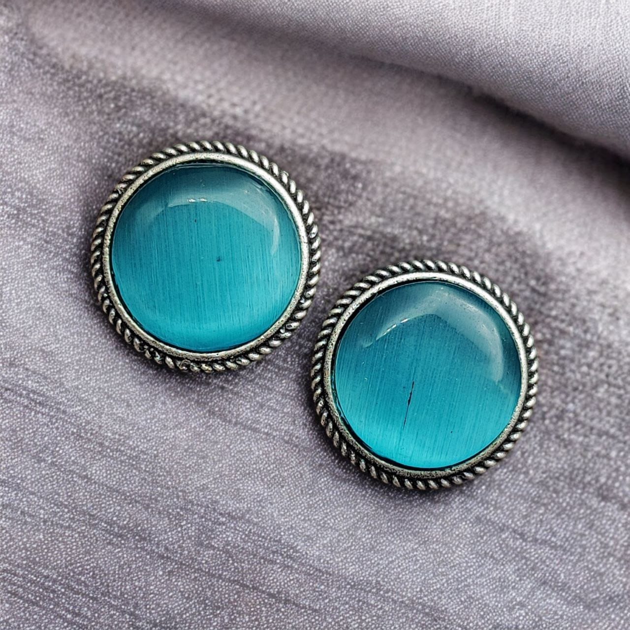 SILVER LOOK ALIKE EARRINGS WITH COLOURED STONES -CHAND