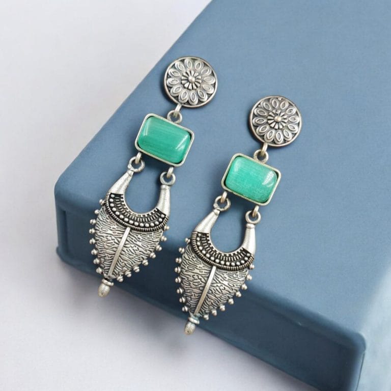 SILVER LOOK ALIKE EARRINGS WITH COLOURED STONES -CHARVI