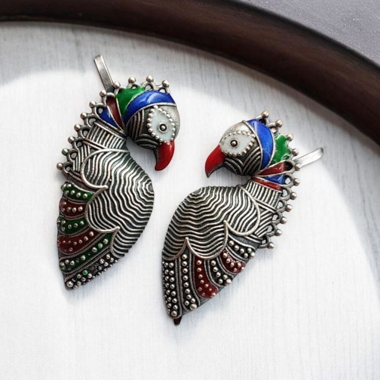 SILVER LOOK ALIKE EARRINGS WITH COLOURED STONES -DEVIKA