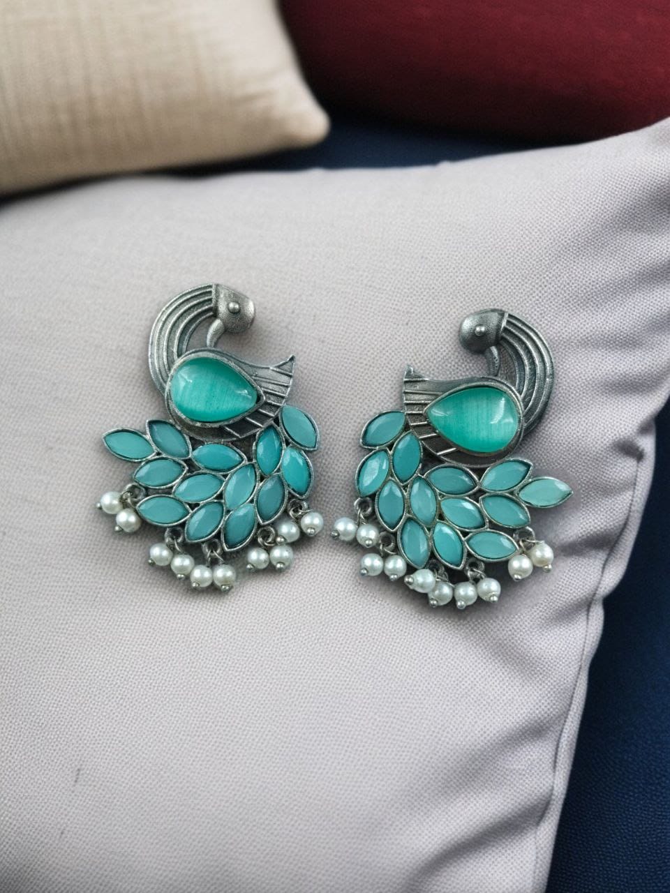 SILVER LOOK ALIKE EARRINGS WITH COLOURED STONES -FALGUNI