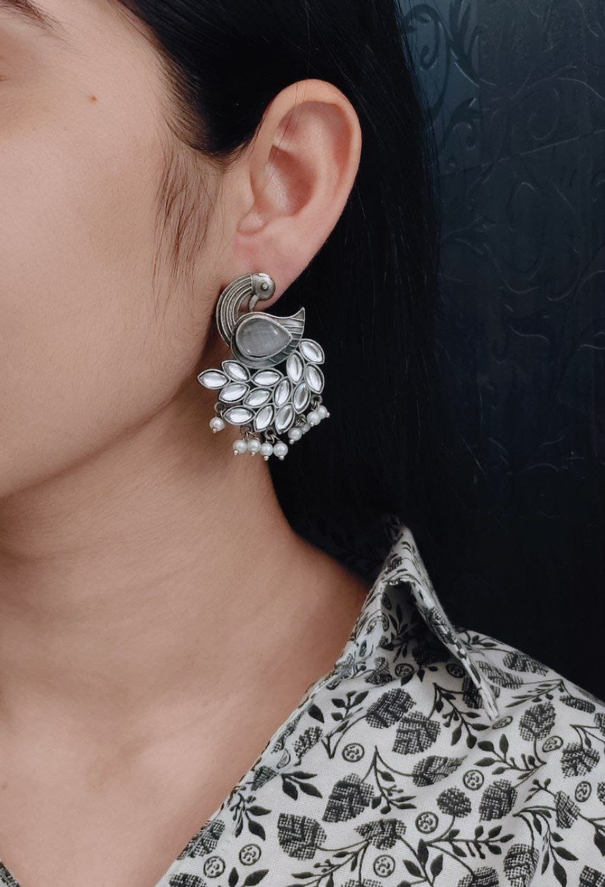 SILVER LOOK ALIKE EARRINGS WITH COLOURED STONES -FALGUNI