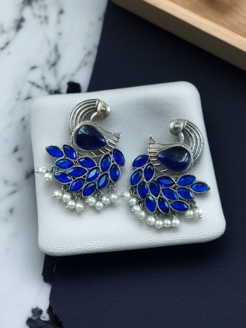 SILVER LOOK ALIKE EARRINGS WITH COLOURED STONES -FALGUNI