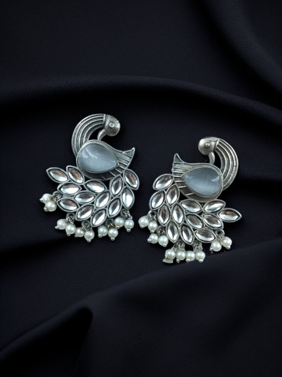 SILVER LOOK ALIKE EARRINGS WITH COLOURED STONES -FALGUNI