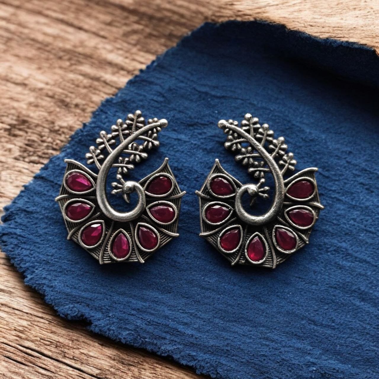 SILVER LOOK ALIKE EARRINGS WITH COLOURED STONES -JAYA
