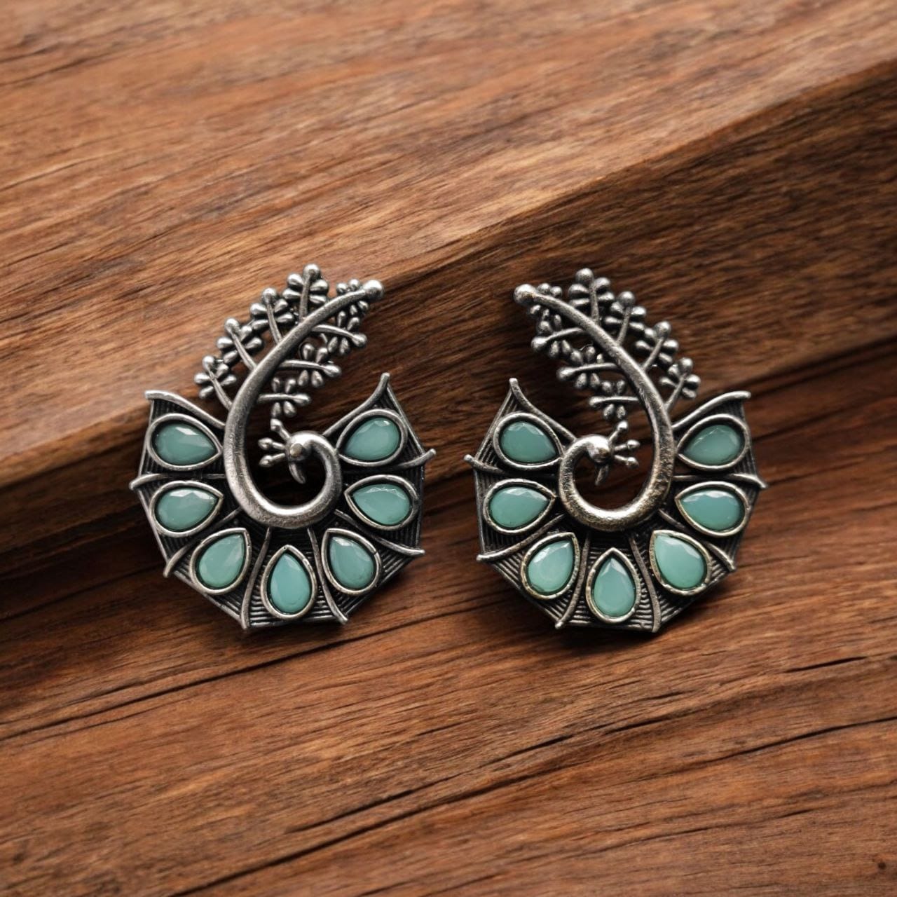 SILVER LOOK ALIKE EARRINGS WITH COLOURED STONES -JAYA