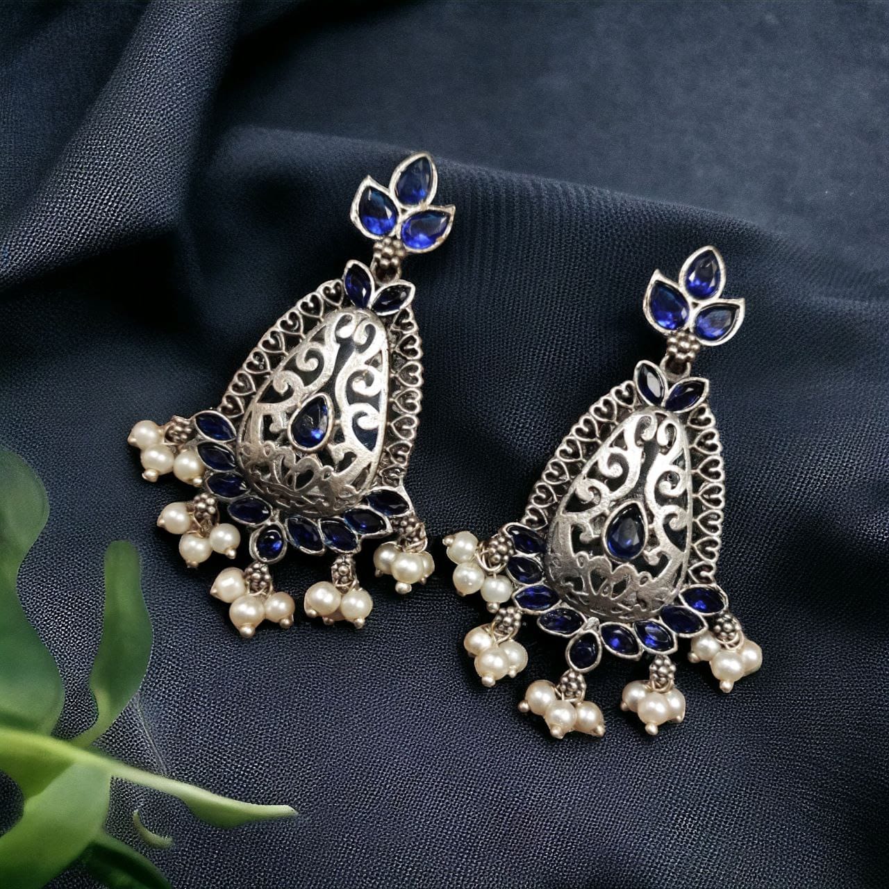 SILVER LOOK ALIKE EARRINGS WITH COLOURED STONES -KABINI