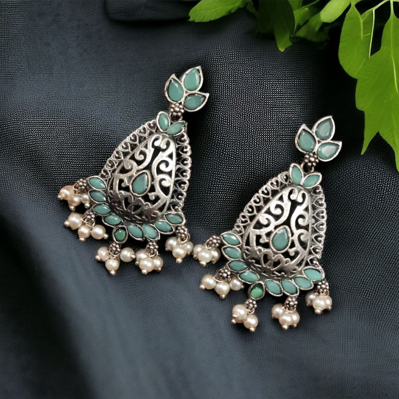 SILVER LOOK ALIKE EARRINGS WITH COLOURED STONES -KABINI