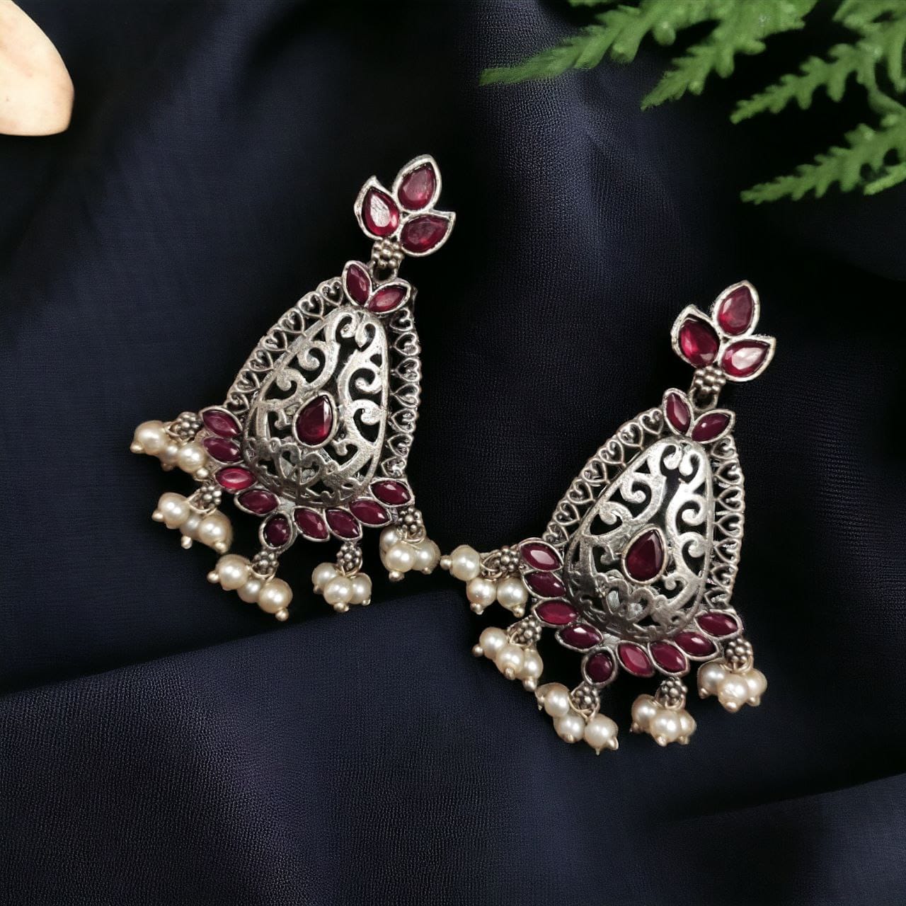 SILVER LOOK ALIKE EARRINGS WITH COLOURED STONES -KABINI