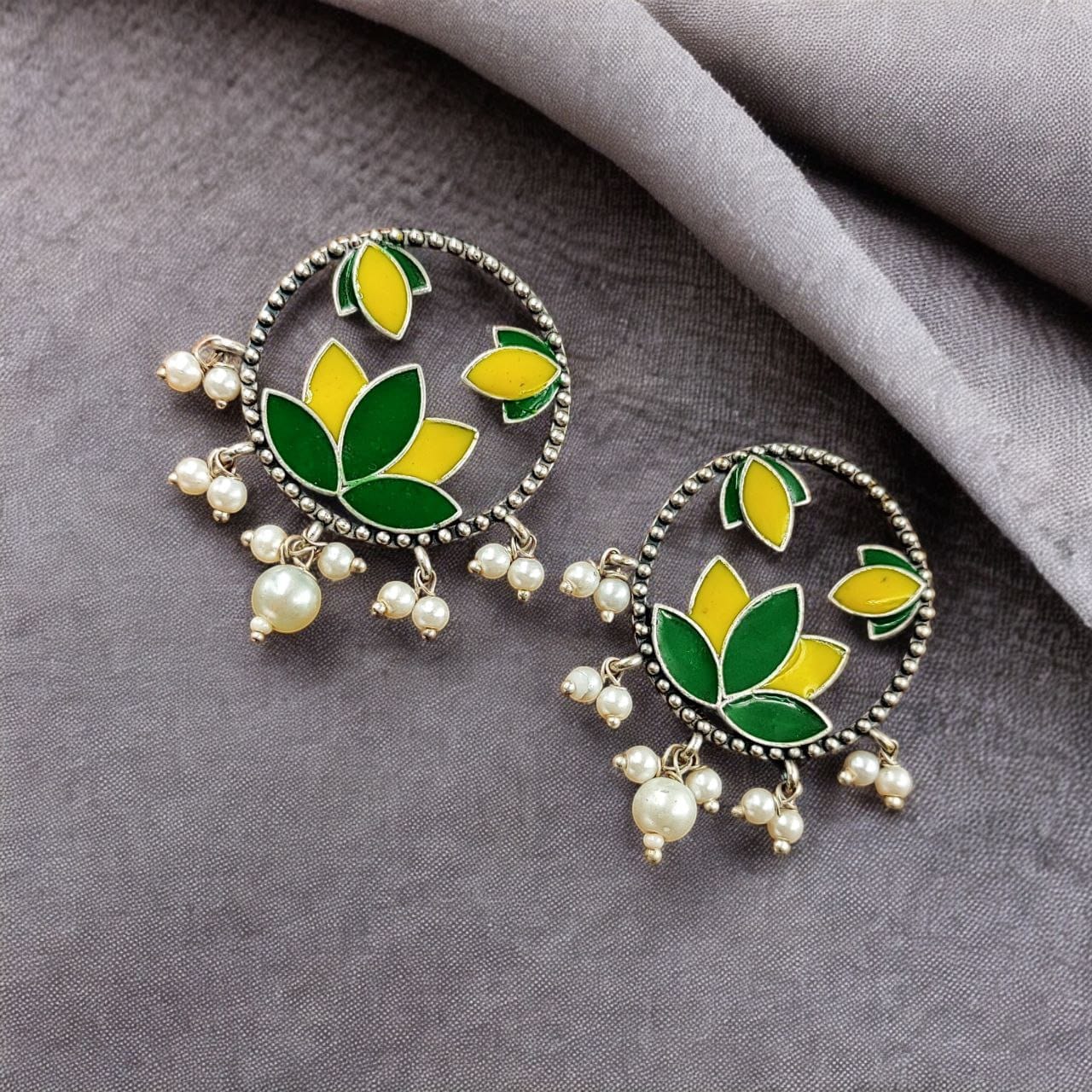 SILVER LOOK ALIKE EARRINGS WITH COLOURED STONES -KAMAL