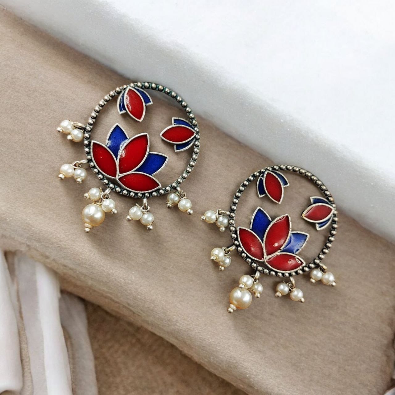 SILVER LOOK ALIKE EARRINGS WITH COLOURED STONES -KAMAL