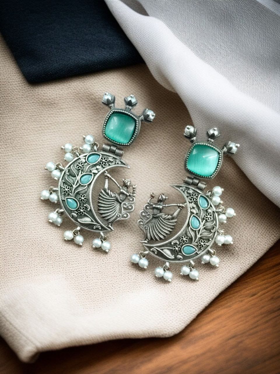 SILVER LOOK ALIKE EARRINGS WITH COLOURED STONES -LALITA