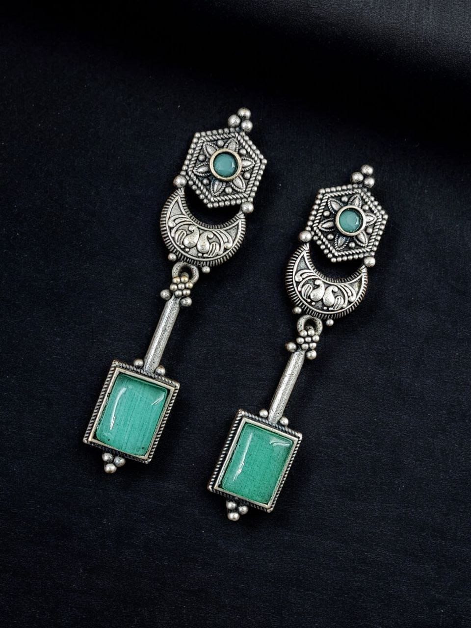 SILVER LOOK ALIKE EARRINGS WITH COLOURED STONES -MADANI