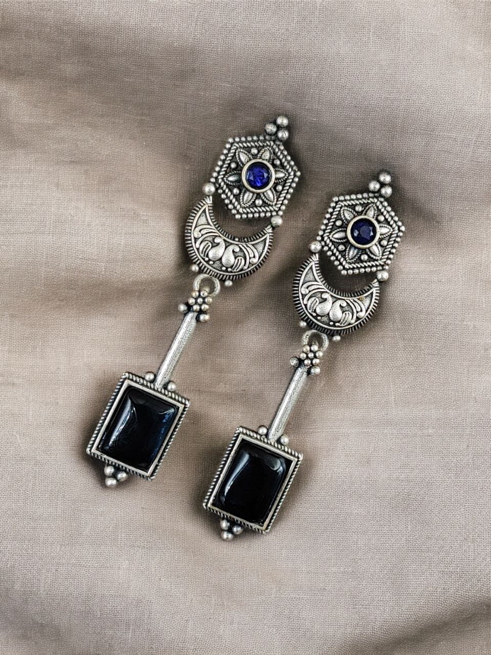 SILVER LOOK ALIKE EARRINGS WITH COLOURED STONES -MADANI