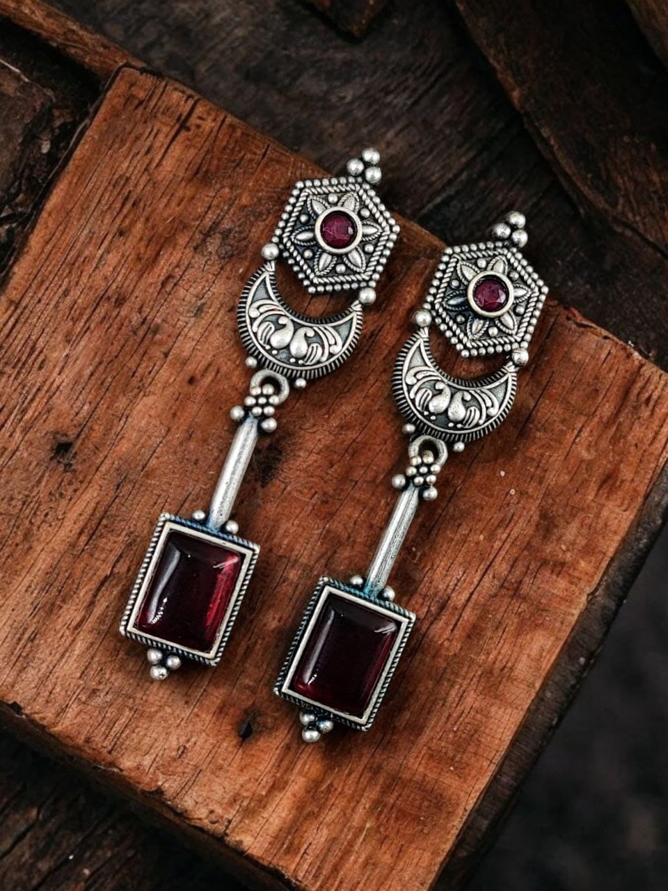 SILVER LOOK ALIKE EARRINGS WITH COLOURED STONES -MADANI