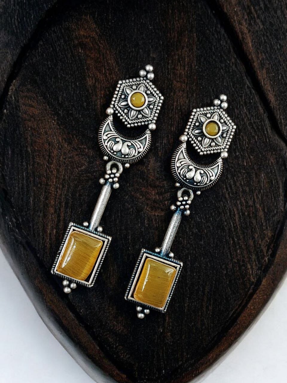 SILVER LOOK ALIKE EARRINGS WITH COLOURED STONES -MADANI