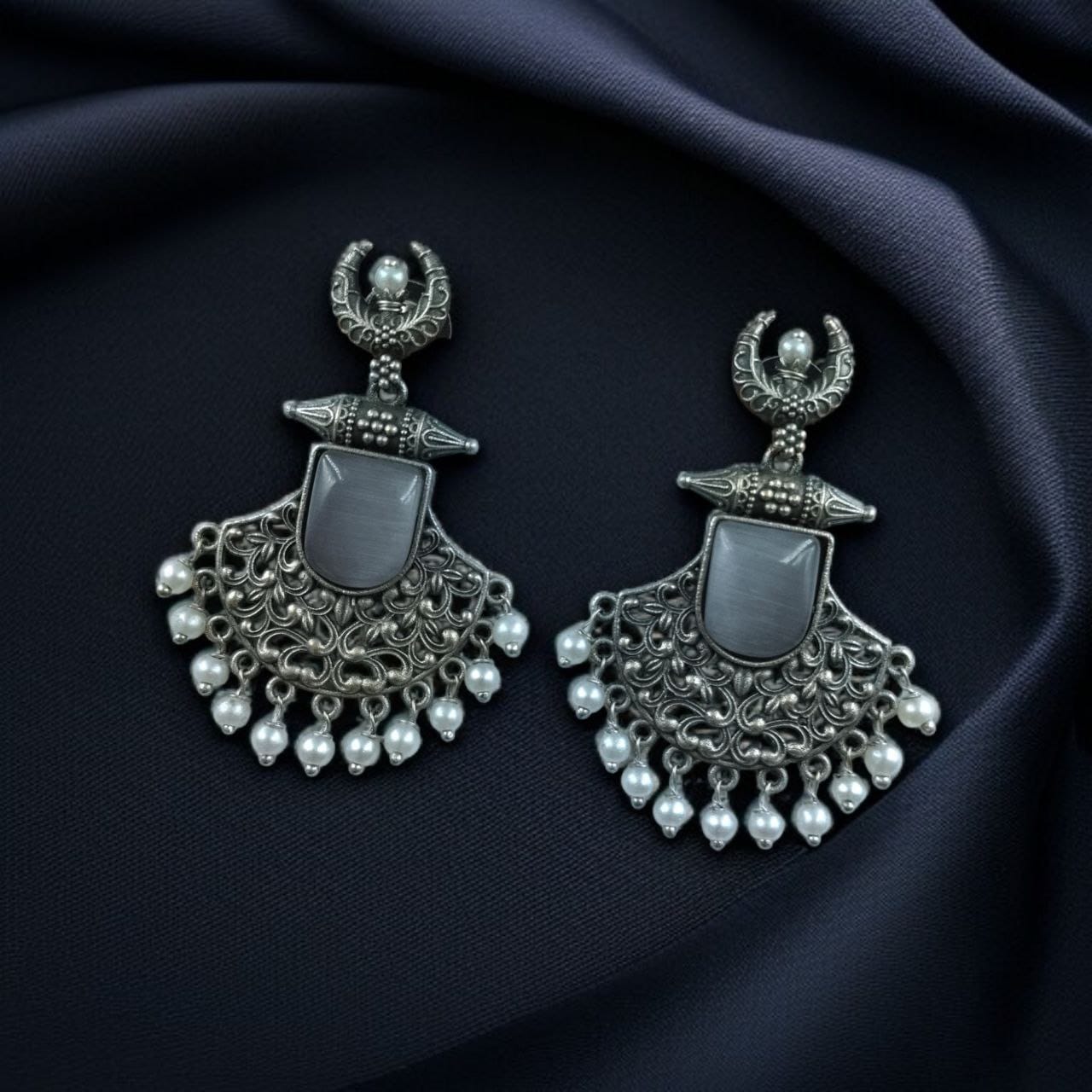 SILVER LOOK ALIKE EARRINGS WITH COLOURED STONES -MADHUR