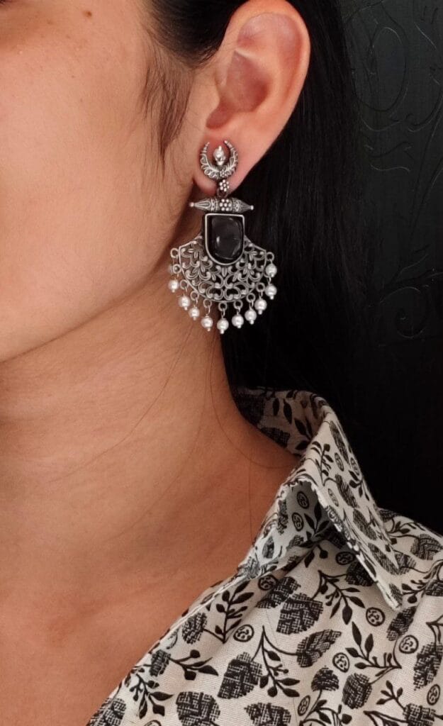 SILVER LOOK ALIKE EARRINGS WITH COLOURED STONES -MADHUR