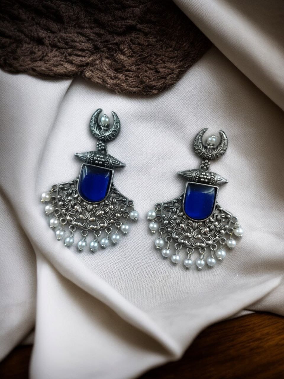SILVER LOOK ALIKE EARRINGS WITH COLOURED STONES -MADHUR