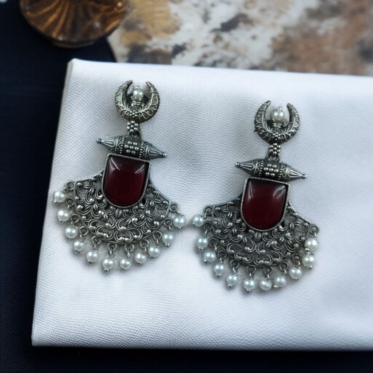 SILVER LOOK ALIKE EARRINGS WITH COLOURED STONES -MADHUR