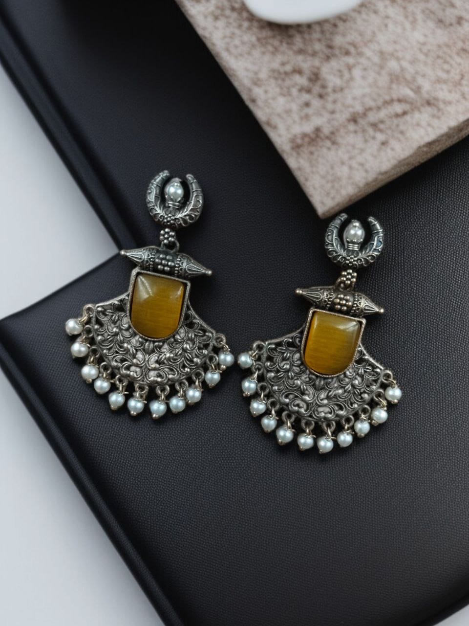 SILVER LOOK ALIKE EARRINGS WITH COLOURED STONES -MADHUR