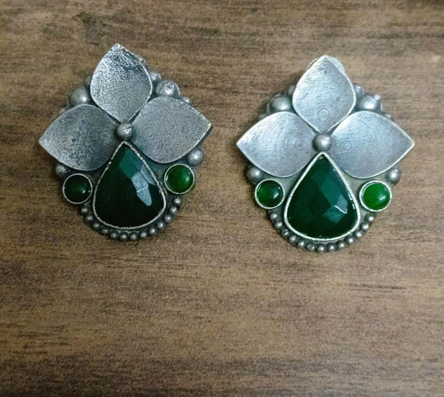 SILVER LOOK ALIKE EARRINGS WITH COLOURED STONES -MAHI