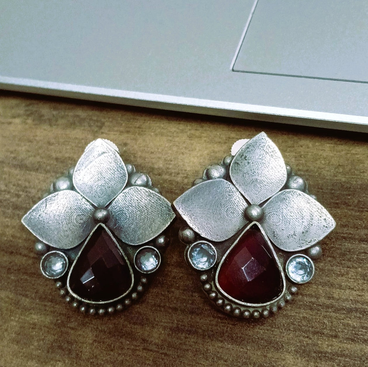 SILVER LOOK ALIKE EARRINGS WITH COLOURED STONES -MAHI