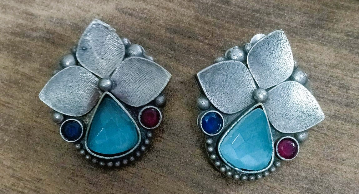 SILVER LOOK ALIKE EARRINGS WITH COLOURED STONES -MAHI