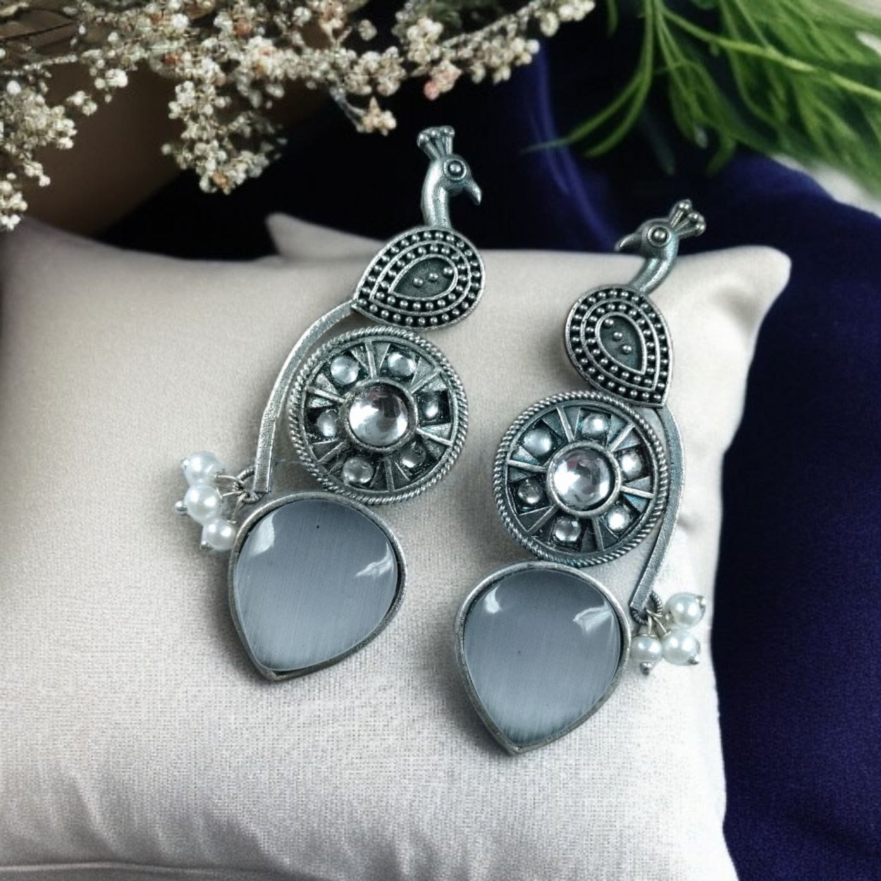 SILVER LOOK ALIKE EARRINGS WITH COLOURED STONES -MORNI