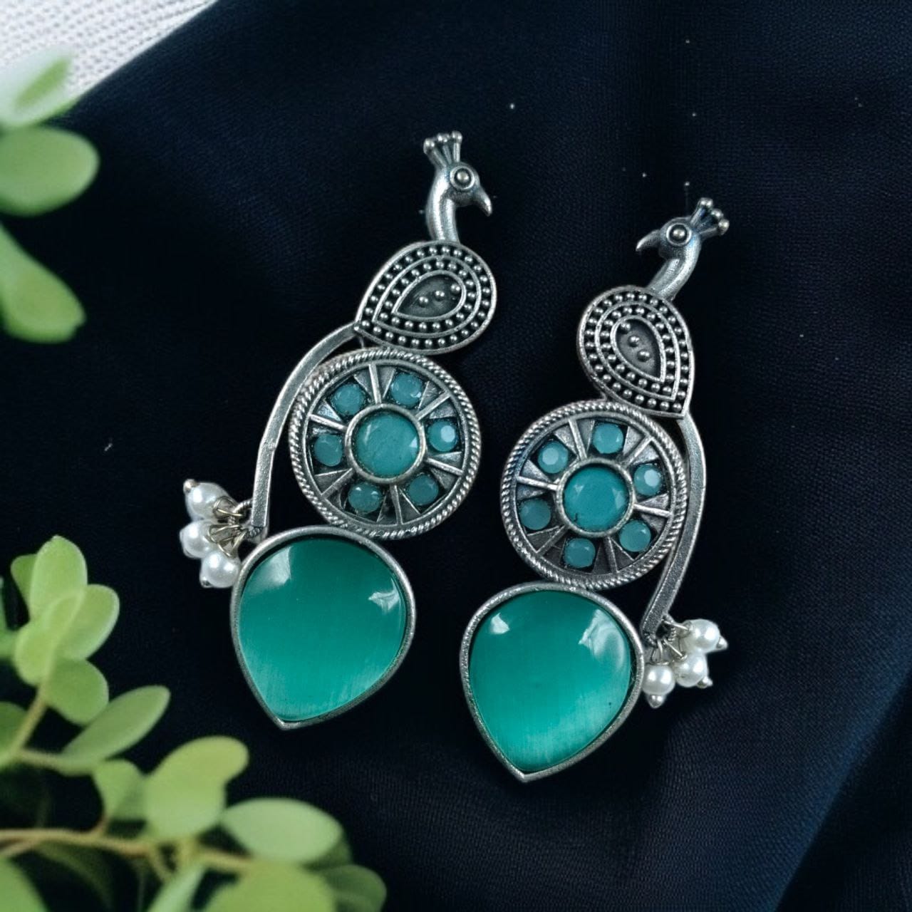 SILVER LOOK ALIKE EARRINGS WITH COLOURED STONES -MORNI