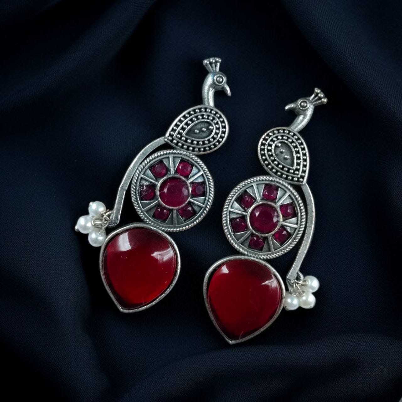 SILVER LOOK ALIKE EARRINGS WITH COLOURED STONES -MORNI