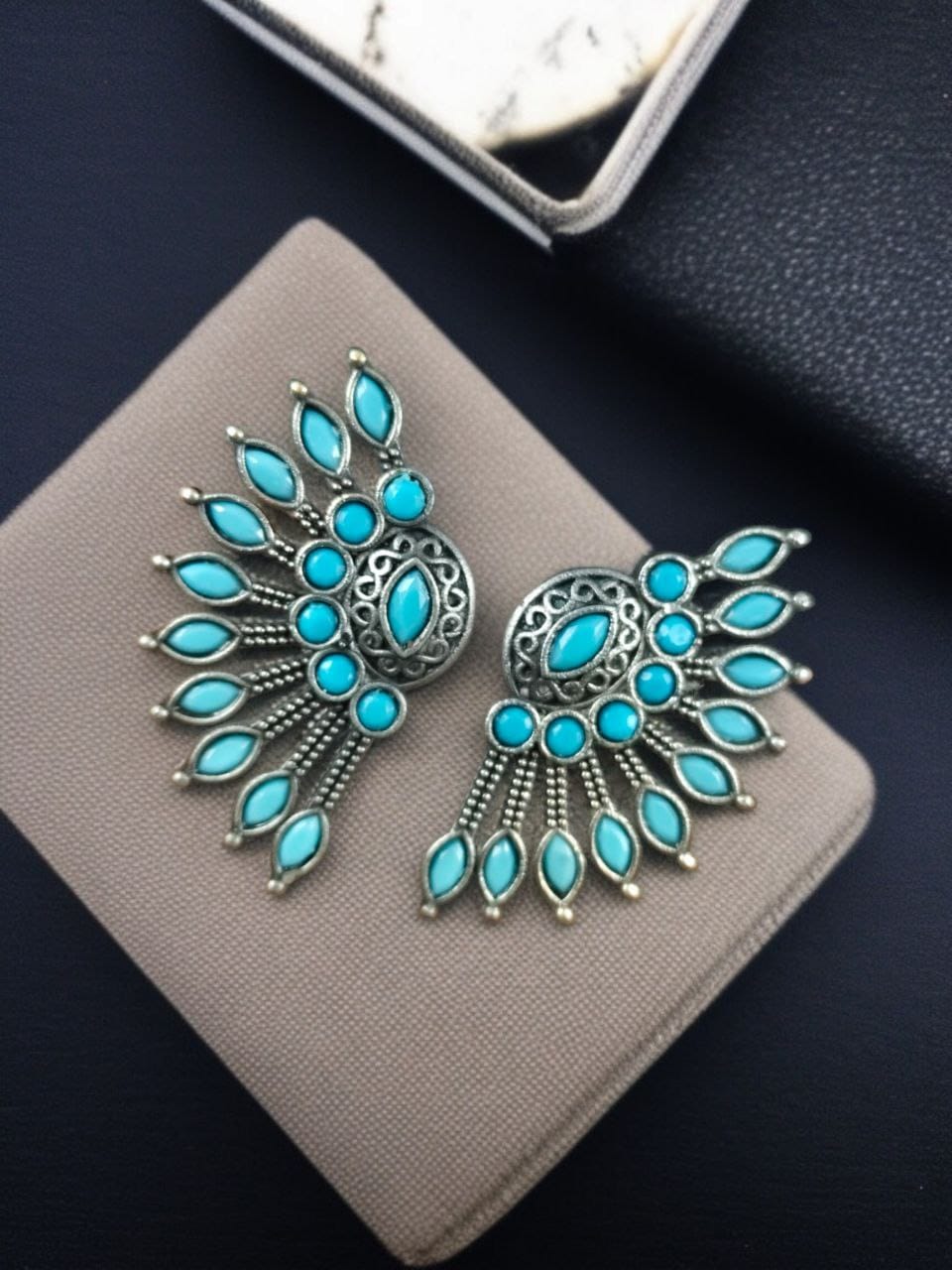 SILVER LOOK ALIKE EARRINGS WITH COLOURED STONES -NILAYA