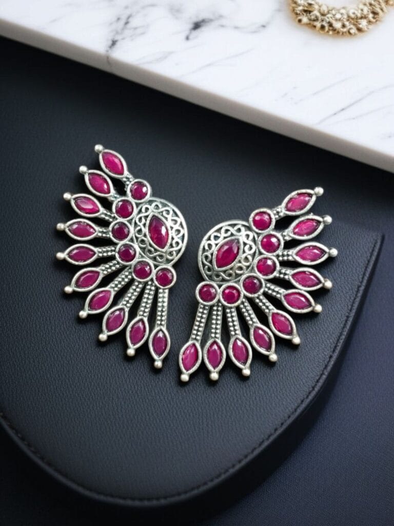 SILVER LOOK ALIKE EARRINGS WITH COLOURED STONES -NILAYA