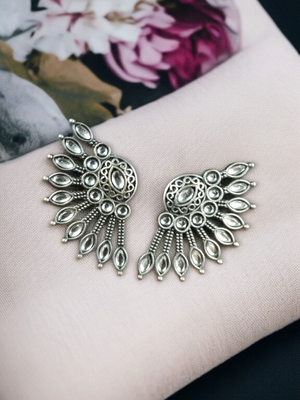 SILVER LOOK ALIKE EARRINGS WITH COLOURED STONES -NILAYA